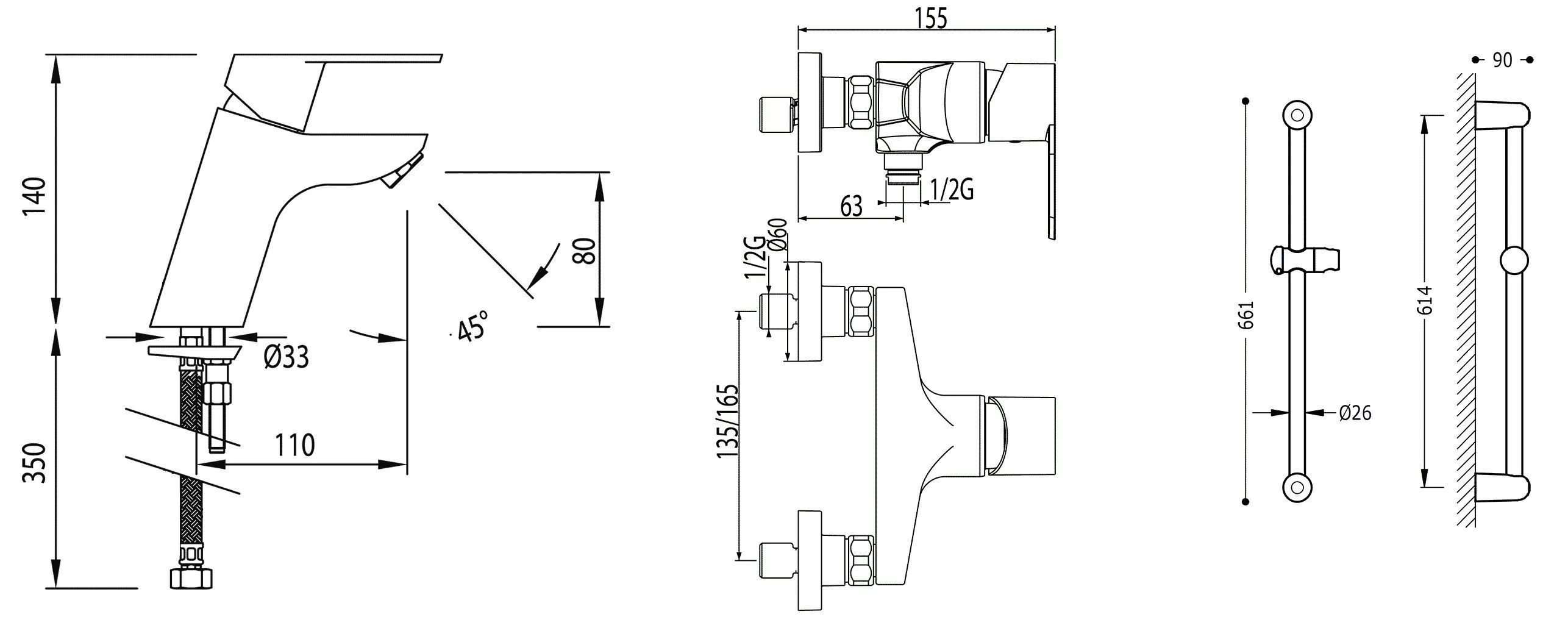 Набор: Смеситель для раковины и смеситель для душа с душевым набором на штанге Tres №1 TRES №1